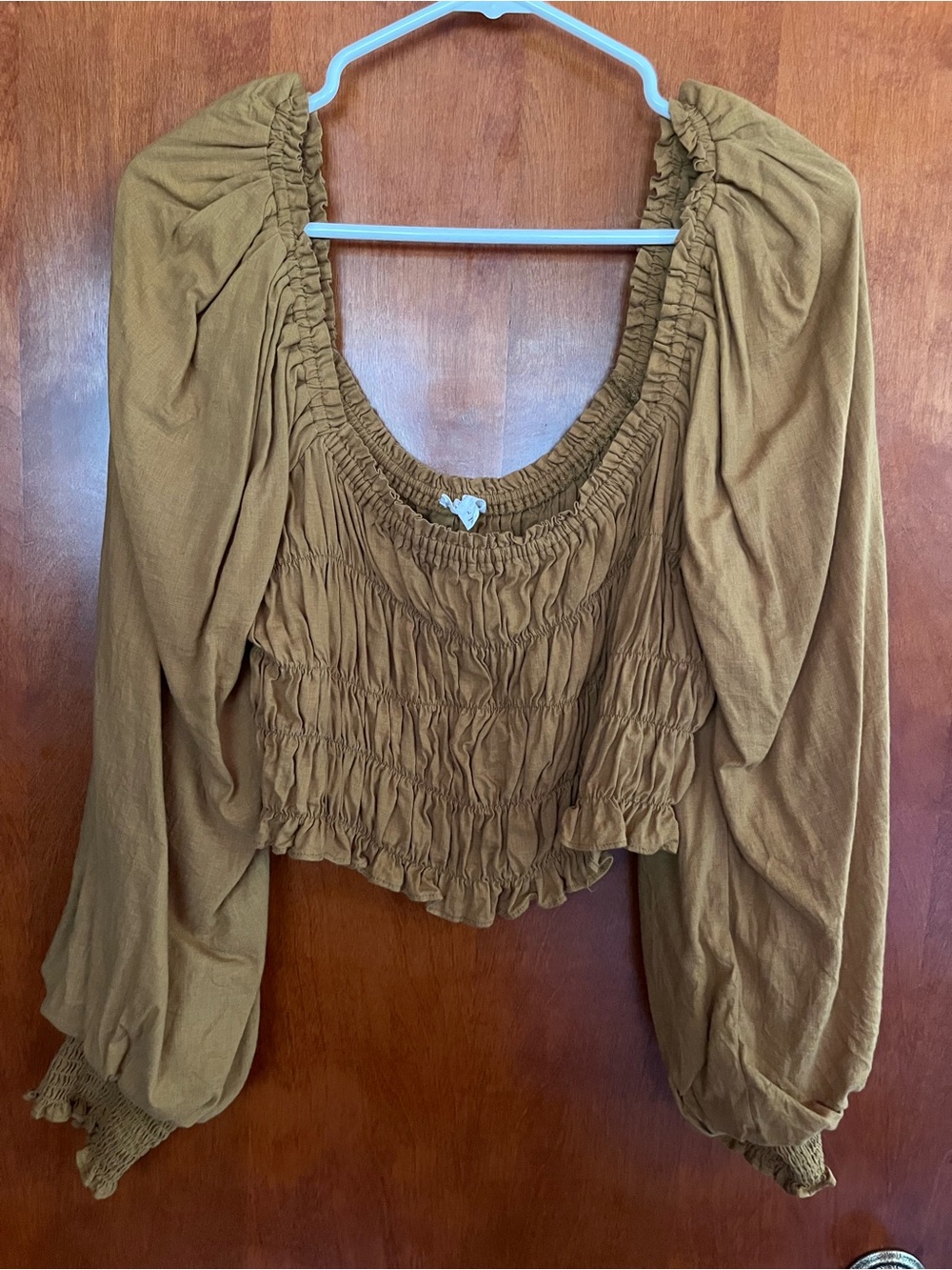 A Loves A Straw Brown Ruched Puff Long Sleeve Cropped Blouse Size L